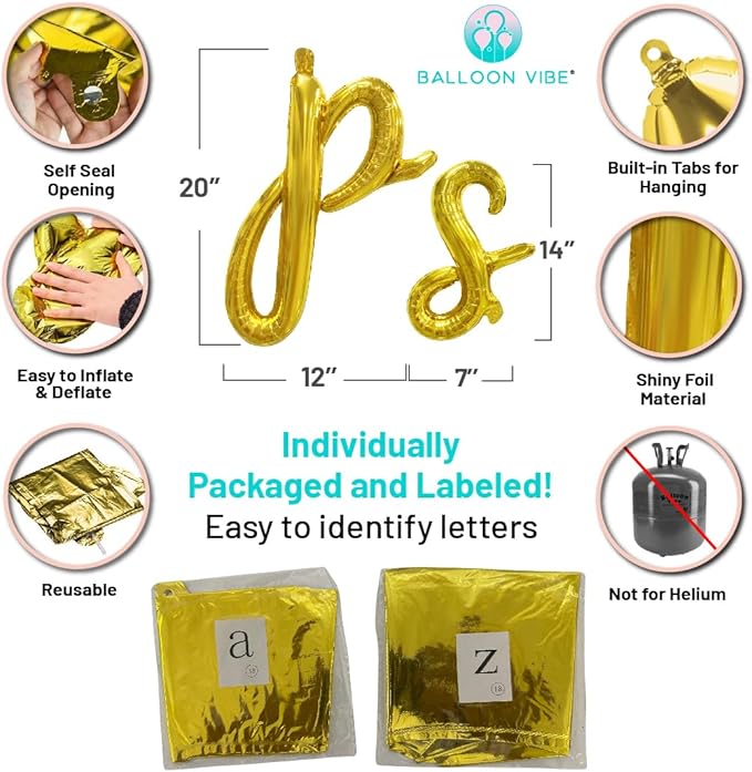 BALLOON VIBE Cursive Letter Balloons - Custom Phrase Script Foil Alphabets & Numbers with Straws, Ribbon and Adhesive Dots - Balloon Banner for Birthday, Anniversary, or Any Other Occasion - 6 Colors