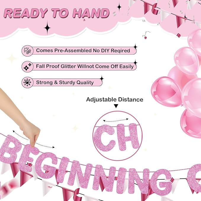 Fulmoon Pre Strung the Beginning of a New Chapter Banner, Glitter Graduation Party Decorations, Happy Retirement Supplies, Going Away Farewell New Home Job Change Party Sign Garland(Pink)