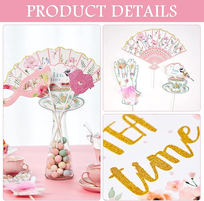 SUNBEAUTY 14 Pcs Tea Party Photo Booth Props Tea Party Decorations Alice in Wonderland Party Supplies Garden Party Bridal Shower for Girls Women