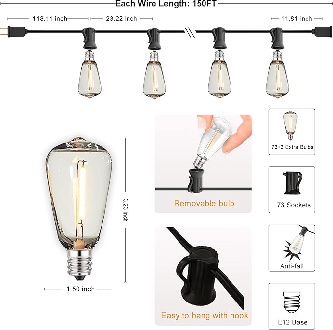 Outdoor String Lights 150 FT Patio Lights String with 75 Dimmable ST38 Plastic LED Bulbs,Vintage Shatterproof Edison String Lights Waterproof for Bistro Balcony Backyard and Gazobos.