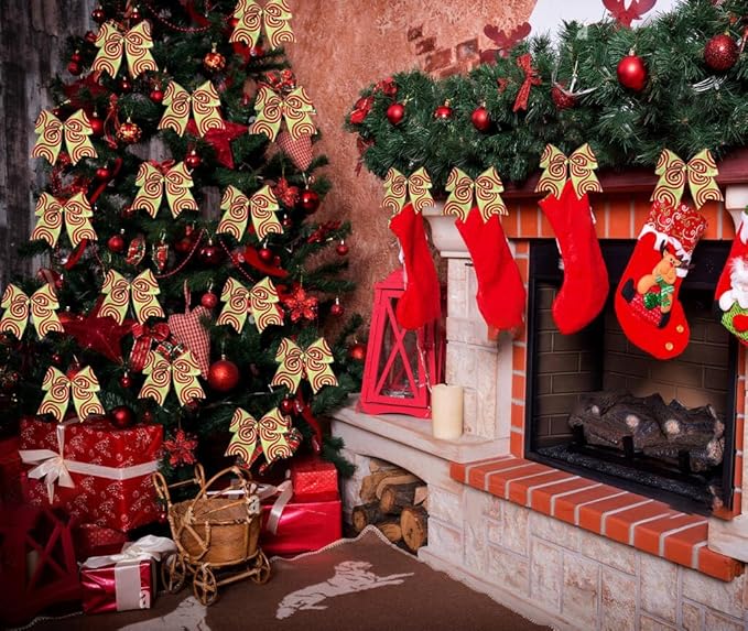 SIMISI RIBBON Christmas Tree Bows Wreaths Graland Xmas Party Decorations Red Green Stripe Ornaments (6 * 6 Inches, 12 Pcs)