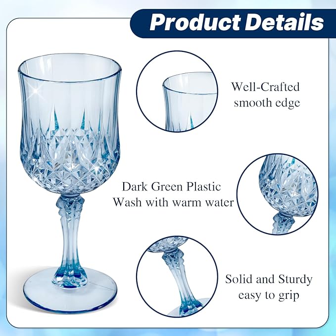 24 Pcs 7 Oz Plastic Goblets for Parties, Blue Plastic Wine Glasses Vintage Champagne Whiskey Crystal Water Goblets for Home, Office, Bars, Wedding, Ribbed (24, Ocean Blue)