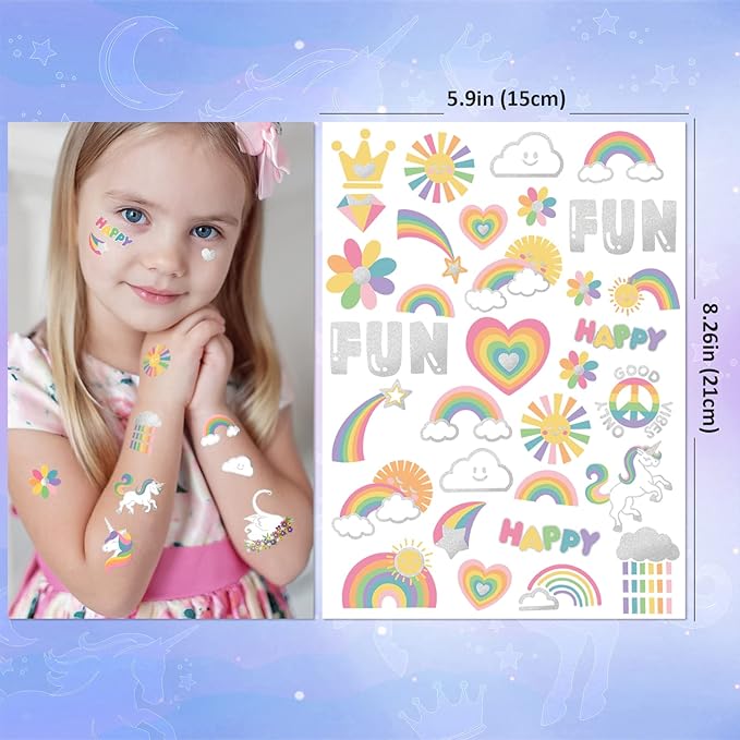 Temporary Tattoo for Kids Unicorn Rainbow Flower Cute-118 Glitter Styles Crown Swan Metallic Waterproof Groovy Fake Tattoos Body Face Tattoos Stickers Birthday Party Favors Decorations for Girls Boys