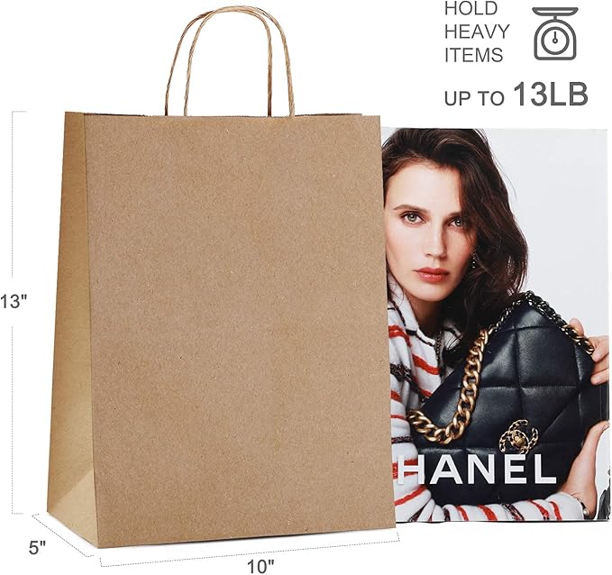 MESHA Kraft Paper Bags 10X5X13 Brown Large Gift Bags with Handles Bulk,200 Pcs Kraft Paper Bag for Small Business,Birthday Wedding Party Favor Bag, Shopping