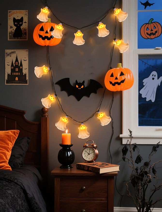 8.5Ft Halloween Ghost String Lights, 10 LED White Ghost Lights Waterproof UL Listed for Indoor Halloween Indoor Bedroom Patio Backyard Camping Desk Party Decor