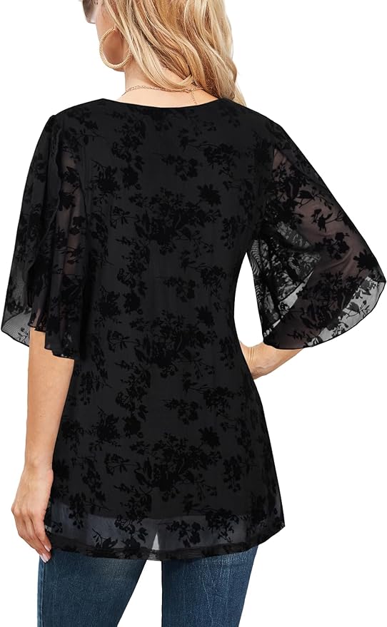 Ninedaily Women's Tops 3/4 Sleeve Blouses Dressy Casual Double Layers Mesh Tunic Shirts