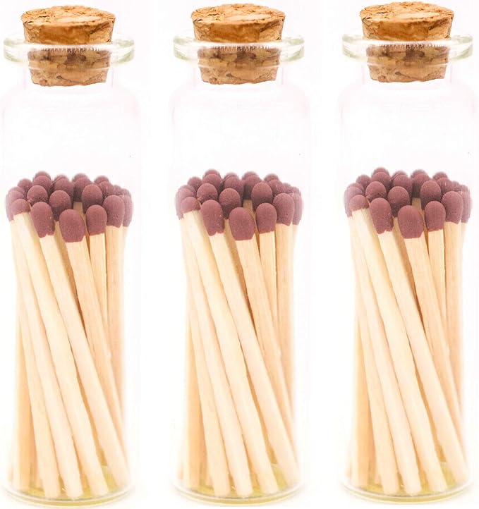 River Birch Decorative Matches in a Bottle with Striker - Cute & Colored Matches - 3 Bottles, Mocha Tip, 60 Matches