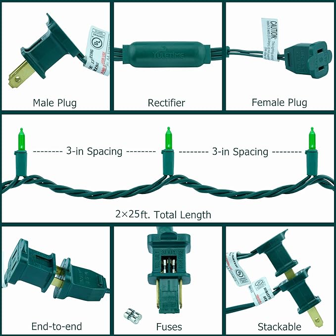 YULETIME Green LED Christmas Lights 200 Count 50 ft, Pack of 2 Strands 25 ft 100 Lights UL Certified String Light Set (Green)