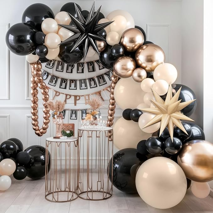 Black Gold Balloon Arch Kit,Sand White Balloon Garland with Star Foil Balloons Metallic Champagne Gold Balloons for Birthday Baby Showers Boho Wedding Party Decorations