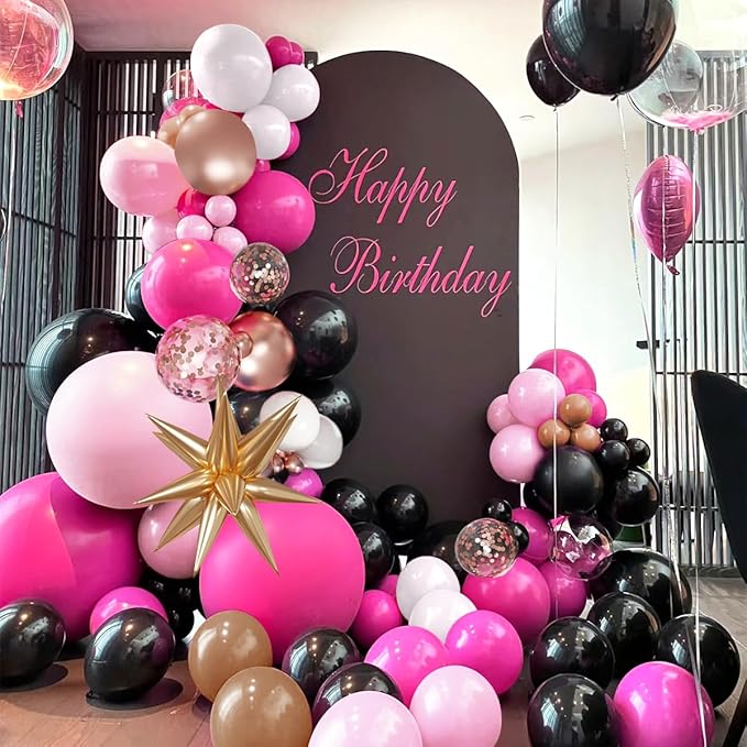 Hot Pink Black and White Balloon Garland Arch Kit, 156Pcs Black Pastel Pink White Rose Gold Balloons with Exploding Star for Birthday Mean Girls Boss Baby Barbie Minnie