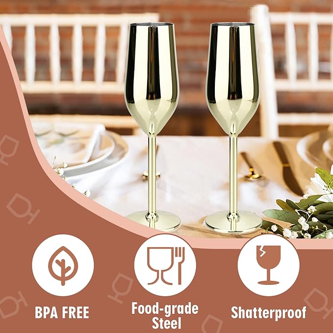 TJ Unbreakable 8 Oz Stainless Steel Champagne Flutes (2 Pack)- Gold Champagne Glasses - Reusable Indoor Outdoor Drinkware - Keeps Drink Cool for Longer - Gift Idea
