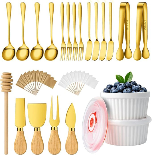 Charcuterie Boards Accessories Bowls Gold, Cheese Butter Spreader Knife Set Mini Serving Tongs, Forks, Spoons,Dipping Bowls with Lids, Toothpick Flags, Honey Dippers For Party Platter Making