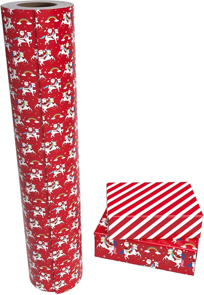 WRAPAHOLIC 30 Inch Jumbo Reversible Unicorn Christmas Wrapping Paper - 30 Inch x 100 Feet Jumbo Roll Red Santa Claus, Unicorn Wrapping Paper and Stripe Design for Holiday, Party