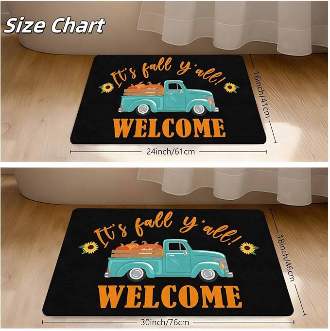 InterestPrint Fall Welcome Door Mat, Fall Truck Harvest Pumpkin Doormat for Front Door Outdoor Outside Entrance Porch Non Slip Rubber Rug Autumn Halloween Thanksgiving Farmhouse Decor