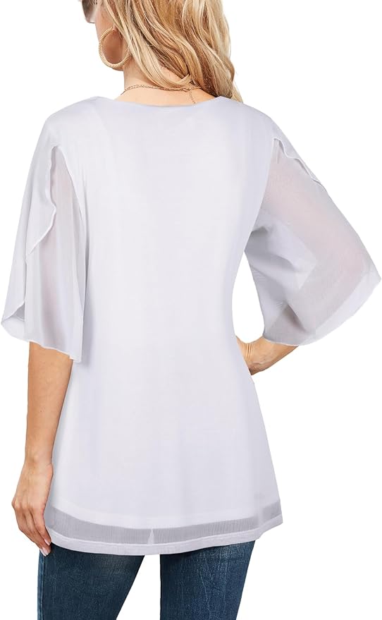 Ninedaily Women's Tops 3/4 Sleeve Blouses Dressy Casual Double Layers Mesh Tunic Shirts