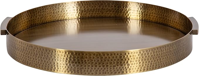 Kate and Laurel Samana Modern Glam Round Metal Tray; 17 Inch Diameter; Antique Brass; Circular Polished Decorative Tray with Hammered Surface and Minimalist Handles