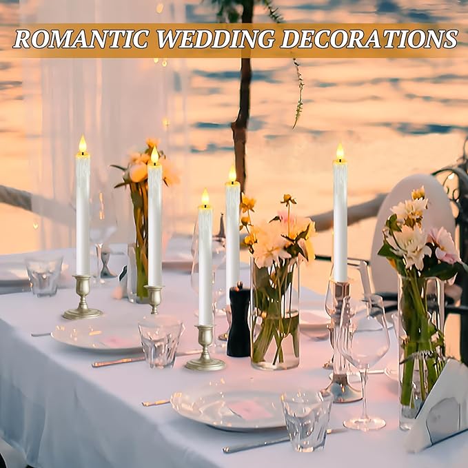 OCATO Flameless Candles with Remote Timer: 8 Pcs Battery Operated Window Candles 9.6" Real Wax LED Flickering Flameless Taper Candles 3D Wick Lights Halloween Christmas Wedding Party Decorations White