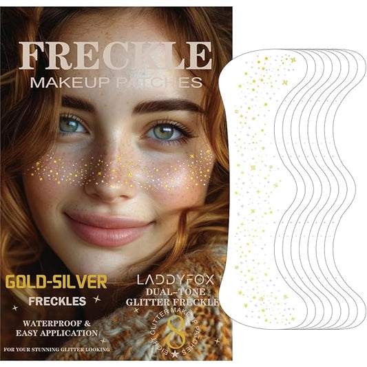 8 Pcs Gold Face Makeup Patches, Gold and Silver Glitter Freckles Face Tattoo, Glitter Freckles, Sparkle Makeup Patches, Waterproof Face Glitter Temporary Tattoos for Women