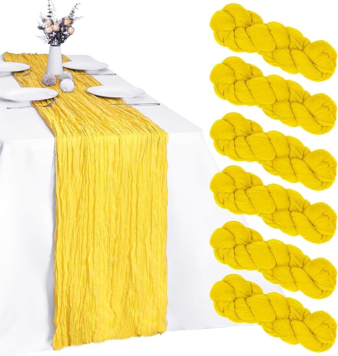 6 Pack Yellow Cheesecloth Table Runner 10FT Boho Gauze Fabric Table Runner 35 x 120 Inch Rustic Sheer Runner for Wedding Decor Baby Shower Party Boho Table Decoration(Yellow)