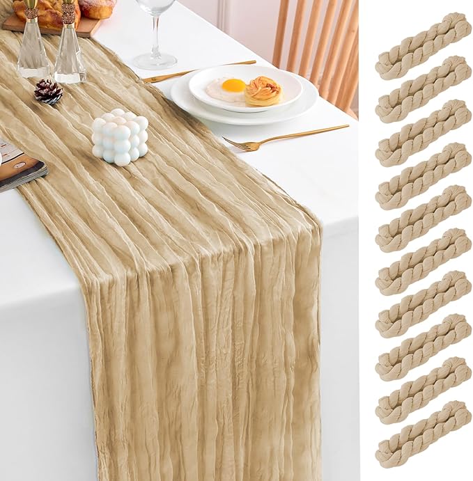 10 Pack Beige Table Runner 120 Inch Cheesecloth Table Runner 10FT Rustic Boho Gauze Table Runner Long Cheese Cloth Table Runner Semi Sheer Runners for Wedding Bridal Baby Shower Party