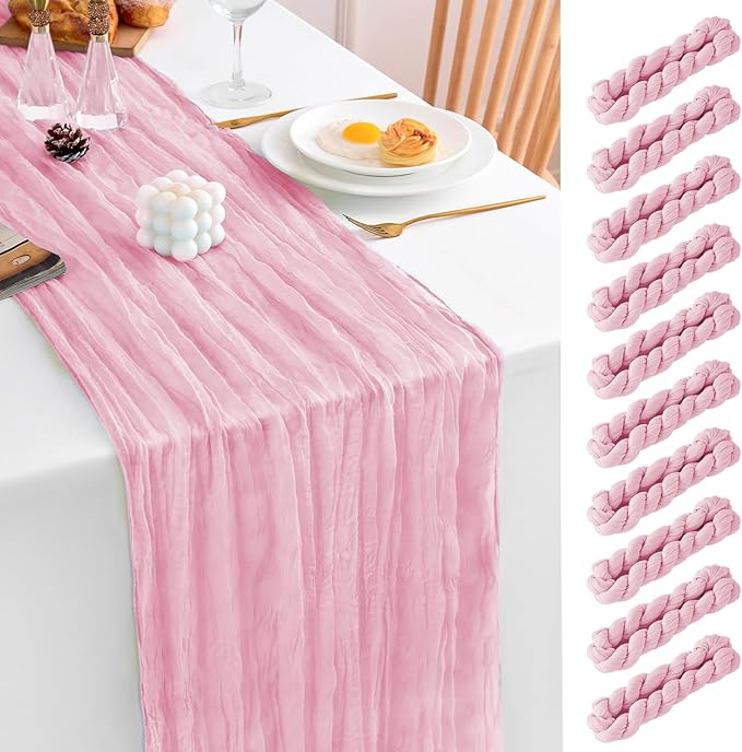 10 Pack Light Pink Table Runner 120 Inch Cheesecloth Table Runner 10FT Boho Gauze Table Runner Long Cheese Cloth Table Runner Semi Sheer Runners for Wedding Bridal Baby Shower Party
