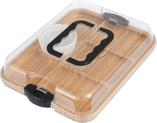 YANG Charcuterie Board with Lid, Divided Bamboo Serving Tray with Handle & Locking Lid, Portable Serving Platter for Party Outdoor Picnics Camping Gift Ready (6 Compartments,Rectangular)