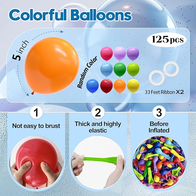 125 pcs Rainbow Latex 5 Inch Balloons, Small Balloons for Balloon Garland or Balloon Arch as Party Decorations, Birthday Decorations, Anniversary Party Decoration