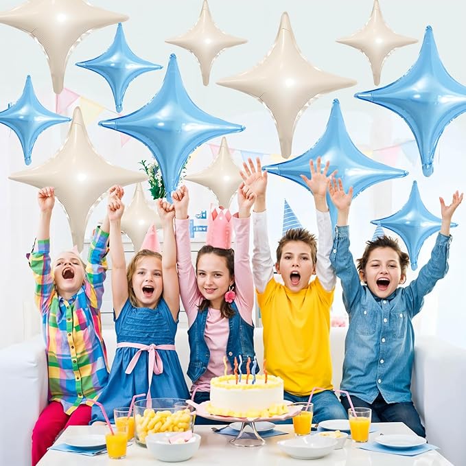 Blue White Star Balloons,12Pcs Four Angle Star Foil Balloons,26Inch and 10Inch Blue Cream White Quadrangle Helium Balloon for Birthday Baby Shower Anniversary Party Decorations