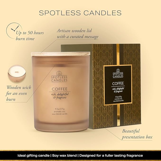 Coffee Candle - 9.7oz Frosted Jar Candles with Wooden Wick in Gift Box & Branded Shipper- Coffee Scented Candle