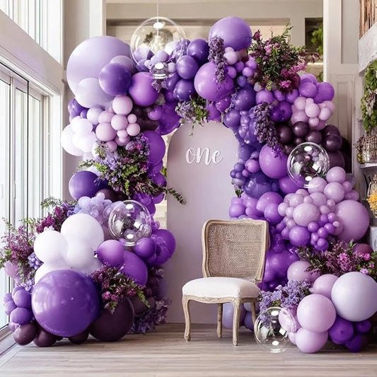 Purple Balloon Arch Garland Kit With Clear Balloons, Double Stuffed Lavender Purple Lilac Balloons for Birthday Wedding Butterfly Baby Shower Fairy Floral Flower Party Decorations