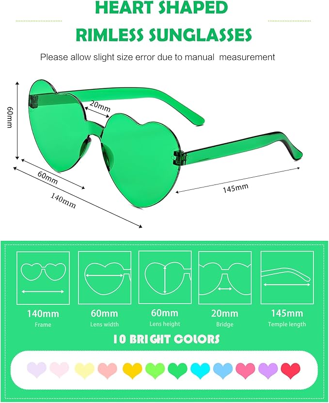 40 Pairs Heart Shaped Sunglasses Bulk, Colorful Rimless Fun Heart Sunglasses for Women Party Favors