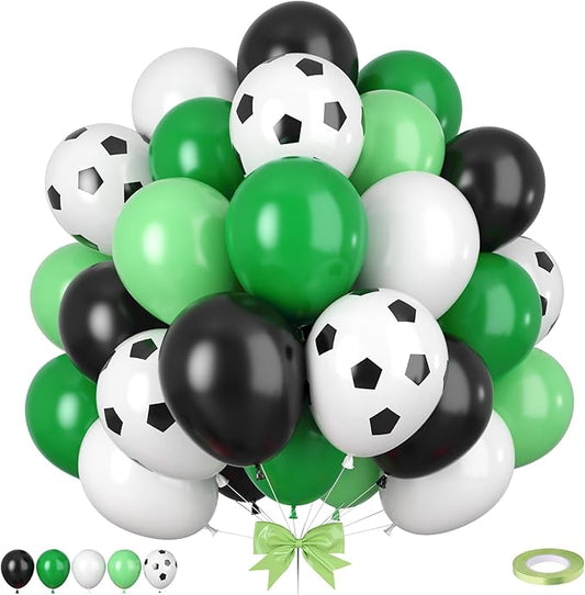 Green Black White Balloons, 50pc Soccer Birthday Balloons, Dark Green Light Green Balloon, Soccer Printed Balloon for Boy Man Sports Game Football Theme Birthday Party Baby Shower Bachelorette Decor