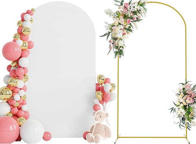 Wokceer 7.2 FT Wedding Arch Backdrop Stand and White Arch Cover, Metal Arch Stand with Arch Stand Cover for Birthday Party Wedding Ceremony Bridal Baby Shower Event Decor