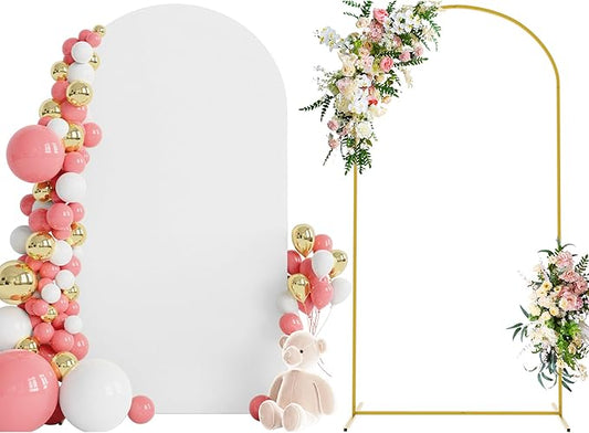 Wokceer 7.2 FT Wedding Arch Backdrop Stand and White Arch Cover, Metal Arch Stand with Arch Stand Cover for Birthday Party Wedding Ceremony Bridal Baby Shower Event Decor