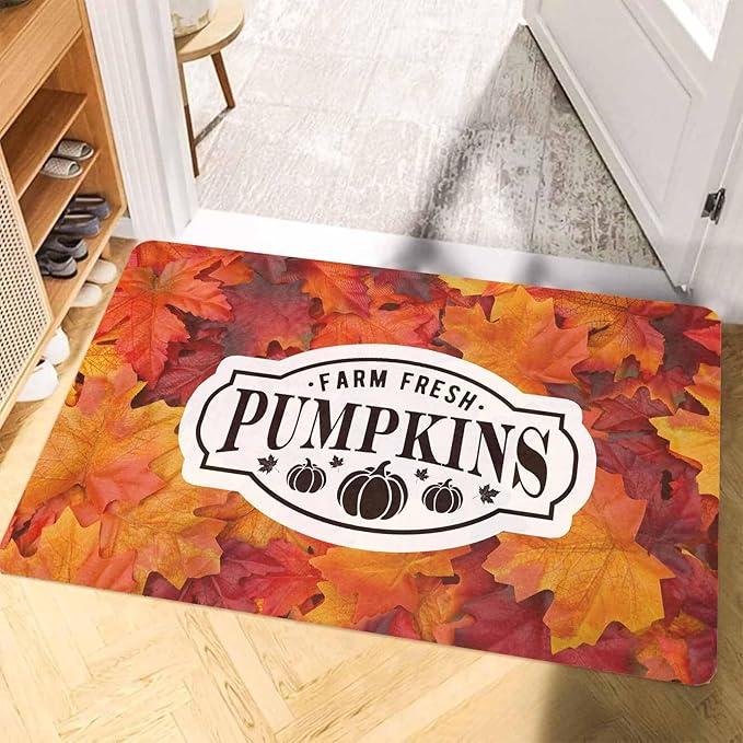 Fall Welcome Maple Leafs Decorative Door Mat, Autumn Thanksgiving Doormat for Indoor Outdoor Entrance Floor Mats,Fall Pumpkins Non Slip Harvest Vintage Decor Rubber Welcome Mats 16" x 24" Inch