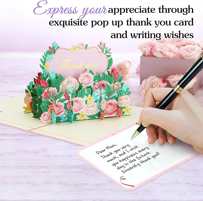 3D Flowers Thank You Card - Rose Thank You Pop Up Card with Envelopes for Family Friends Colleague Teacher Doctor Nurse Appreciation Gifts