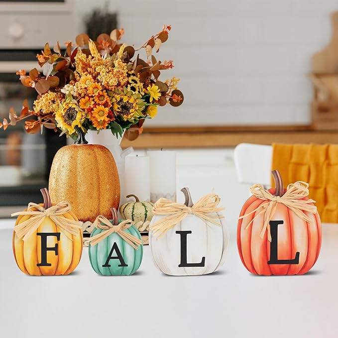 4 PCS Fall Pumpkin Wooden Signs Autumn Small Table Decoration Tiered Tray Pumpkin Tabletop Decor for Thanksgiving Home Kitchen Harvest Party Decor