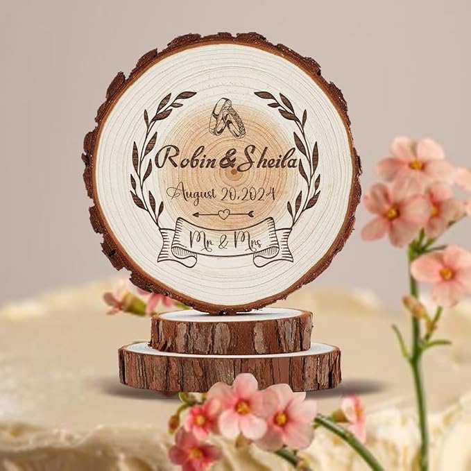 Personalized Rustic Wedding Cake Topper Wood Boho Custom Wedding Cake Toppers Mr Mrs, Wooden Slice Groom and Bride Gifts Decorations, Country Style Anniversary Party Supplies in Wood
