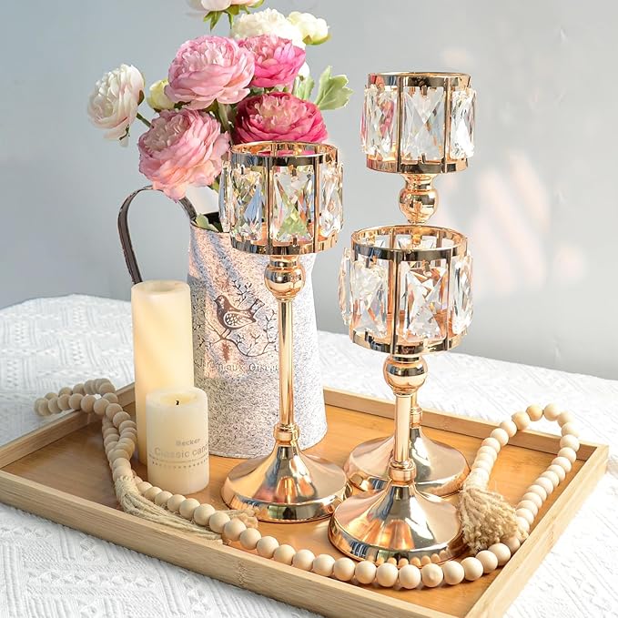 Crystal Tealight Candle Holders Set of 6 (9''/11''/13'') - Elegant Metal & Glass Centerpieces for Stunning Home Decor (Gold)