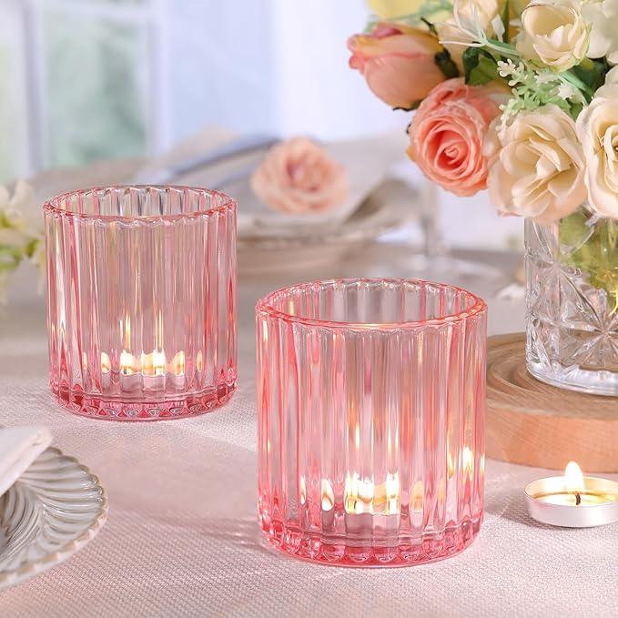Pink Large Votive Candle Holder Set of 8, Tea Lights Candle Holders for Wedding Table Centerpieces. Boho Decor, Home Dinner Birthday Party Decor, Bridal Shower and Holiday Decorations