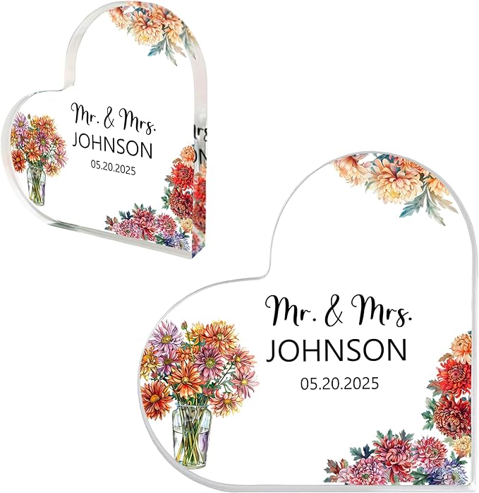 Custom Wedding Heart Acrylic Plaque,Mr & Mrs Cake Topper,Personalized Wedding Keepsake/Gift/Sign (Style 6)
