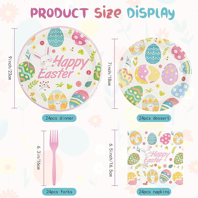 96Pcs Easter Paper Plates and Napkins - Easter Eggs Themed Tableware Set Include 7 & 9Inch Paper Plates Napkins Forks Disposable Decoration Supplies for Kid's Birthday Party, Serve 24