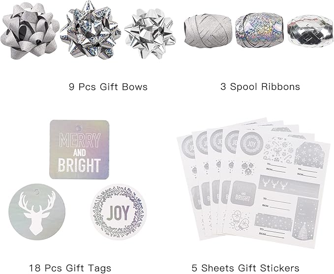 WRAPAHOLIC Silver Christmas Wrapping Paper Set - Silver Snowflakes and Candy Cane Holiday Collection with Metallic Foil Shine Wrapping Paper Bundle with Gift Bow & Ribbon & Tag & Sticker