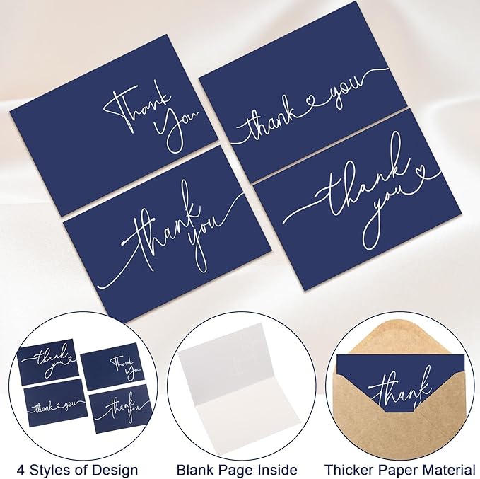 Teling 200 Set Thank You Cards with Envelopes Bulk, 6 x 4 Inch Blank Thank U Greeting Notes with Brown Kraft Envelopes Stickers Thankyou Card Set for Graduation Wedding Birthday Baby Shower(Navy Blue)