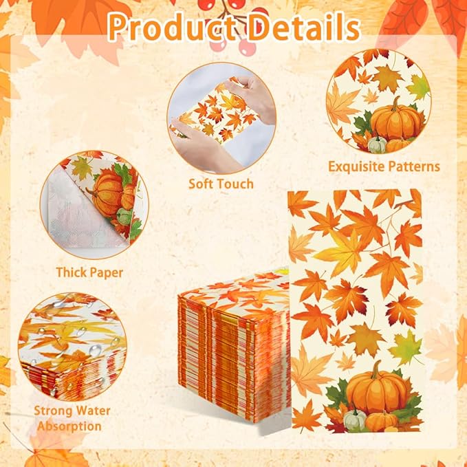 Fall Napkins Disposable 50 Pcs Fall Leaves Paper Napkins Decorative Falls Pumpkin Cocktail Napkins Autumn Napkin Thanksgiving Napkin Guest Hand Towels for Thanksgiving Autumn Harvest Party Supplies
