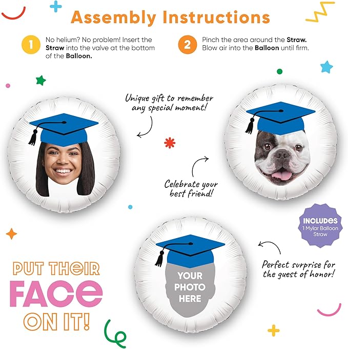 Big Dot of Happiness Personalized Blue Grad Cap Fun Face Photo Balloon, Elementary High School College Custom Graduation Party Decorations, Double-Sided Round Circle Mylar, 1 Piece