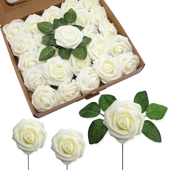 JOYLEX Artificial Flowers Realistic Roses, 50pcs Milk White Real Looking Fake Roses with Stem for DIY Wedding Bouquets Centerpieces Bridal Shower Party Home Romantic Decorations (50pcs, Milk White)