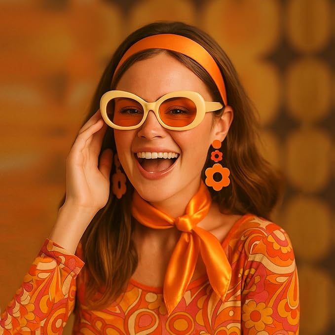 4 Pcs 70s 60s Accessories Women Hippie Disco Groovy Costume Accessories Headband Dangle Earrings Sunglasses Silk Scarf