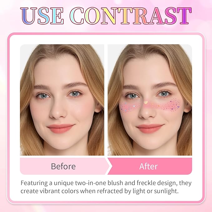 10PCS Glitter Freckles Face Tattoos, 2 in 1 Pink Blush Holographic Face Temporary Tattoos, Long Lasting Waterproof Glitter Makeup Patches for Women