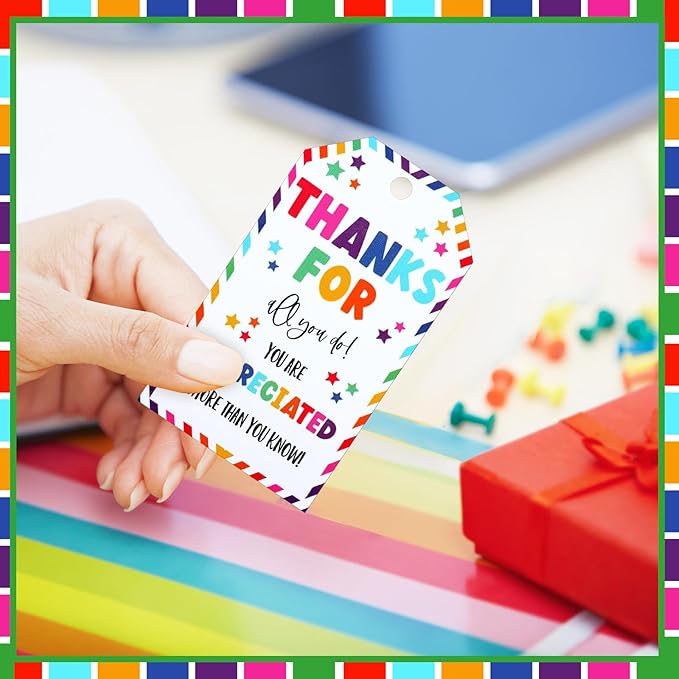Spiareal 200 Pcs Thank You Gift Tags Bulk Thanks for All You Do Rainbow Tags with String White Paper Gift for Employee Appreciate Wedding Thanksgiving Party